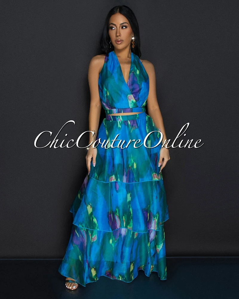 Donica Blue Multi Print Crop Top & Tier Maxi Skirt Set