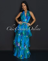 Donica Blue Multi Print Crop Top & Tier Maxi Skirt Set