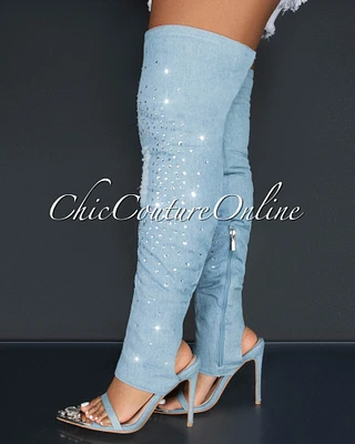 Kyara Light Denim Rhinestones Open Toe Stiletto Knee Boots