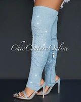 *Kyara Light Denim Rhinestones Open Toe Stiletto Knee Boots