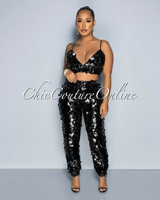 Bouser Black Iridescent Sequins Crop Top & Pants Set