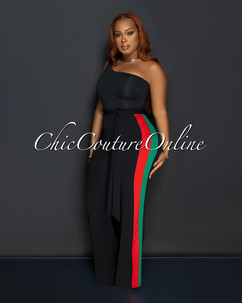 Lia Black Red Green Stripes Single Shoulder Jumpsuit