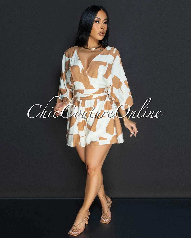 Emba Tan Beige Print Romper