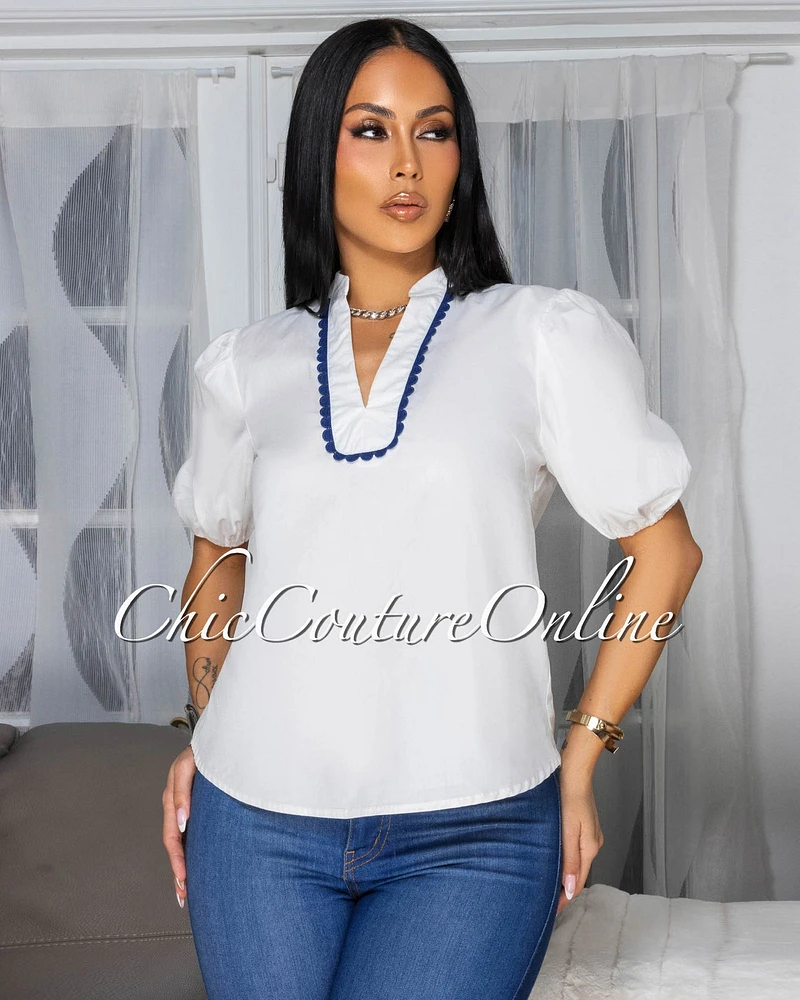 Kemina Off-White Blue Lace Trim Top