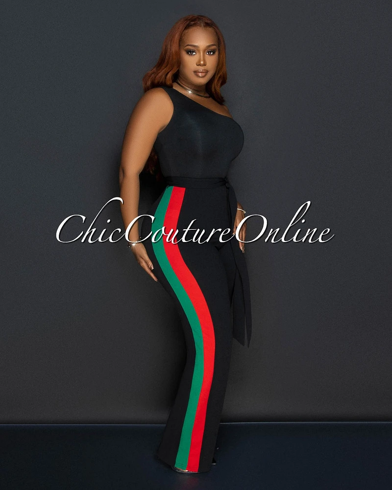 Lia Black Red Green Stripes Single Shoulder Jumpsuit