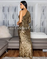 Prima Gold Black Sequins Side Slit Single Shoulder Gown