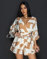 Emba Tan Beige Print Romper