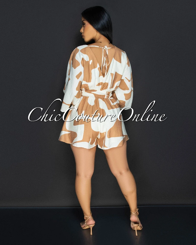 Emba Tan Beige Print Romper