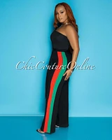 Lia Black Red Green Stripes Single Shoulder Jumpsuit