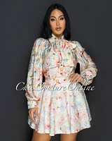 Nuane Beige Floral Print Blouse & Skirt Set