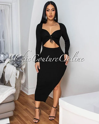 Jaadia Black Ribbed Cut-Out Bust Midi Dress