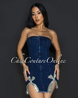 Blanik Denim Rhinestones Acccent Mini Dress