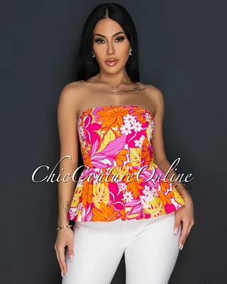 Ofa Fuchsia Orange Floral V Neck Peplum Top