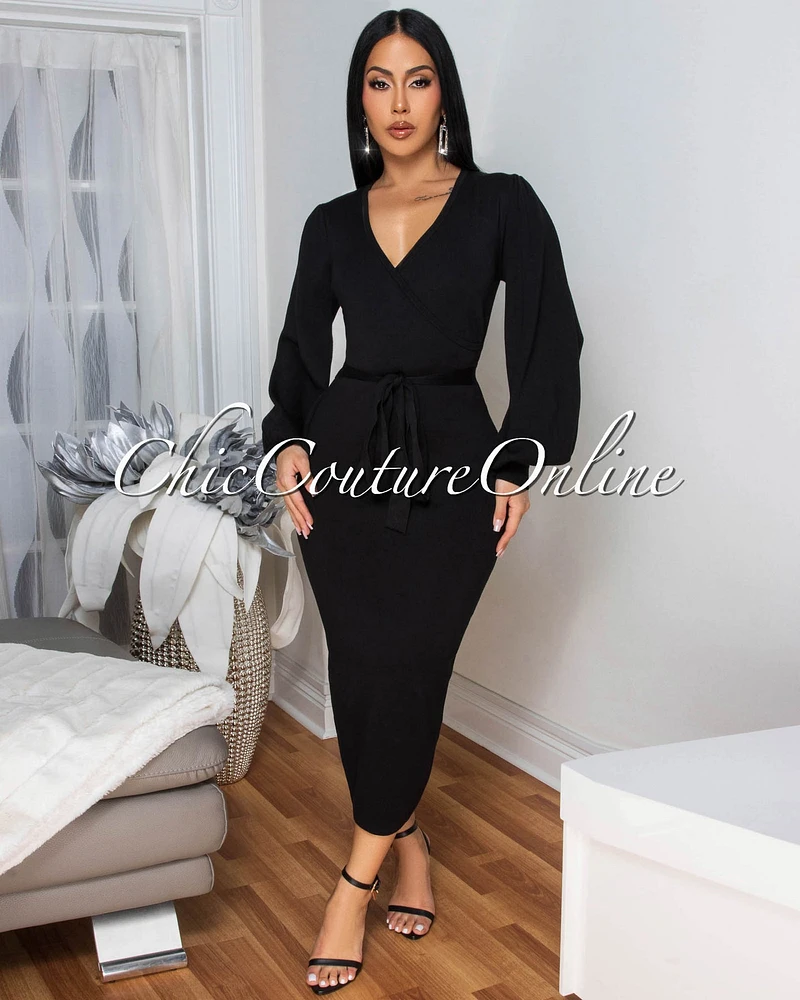 Cider Black Faux Wrap Knit Midi Dress