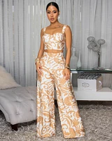 Olivia Taupe White Floral Print Top & Pants Set