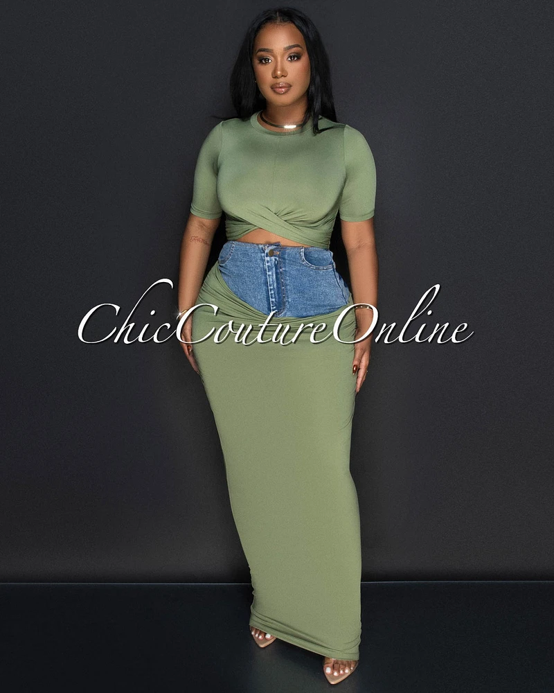 Parish Olive Green Blue Denim Crop Top & Maxi Skirt Set