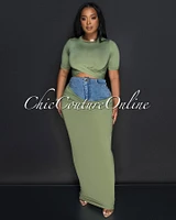 Parish Olive Green Blue Denim Crop Top & Maxi Skirt Set