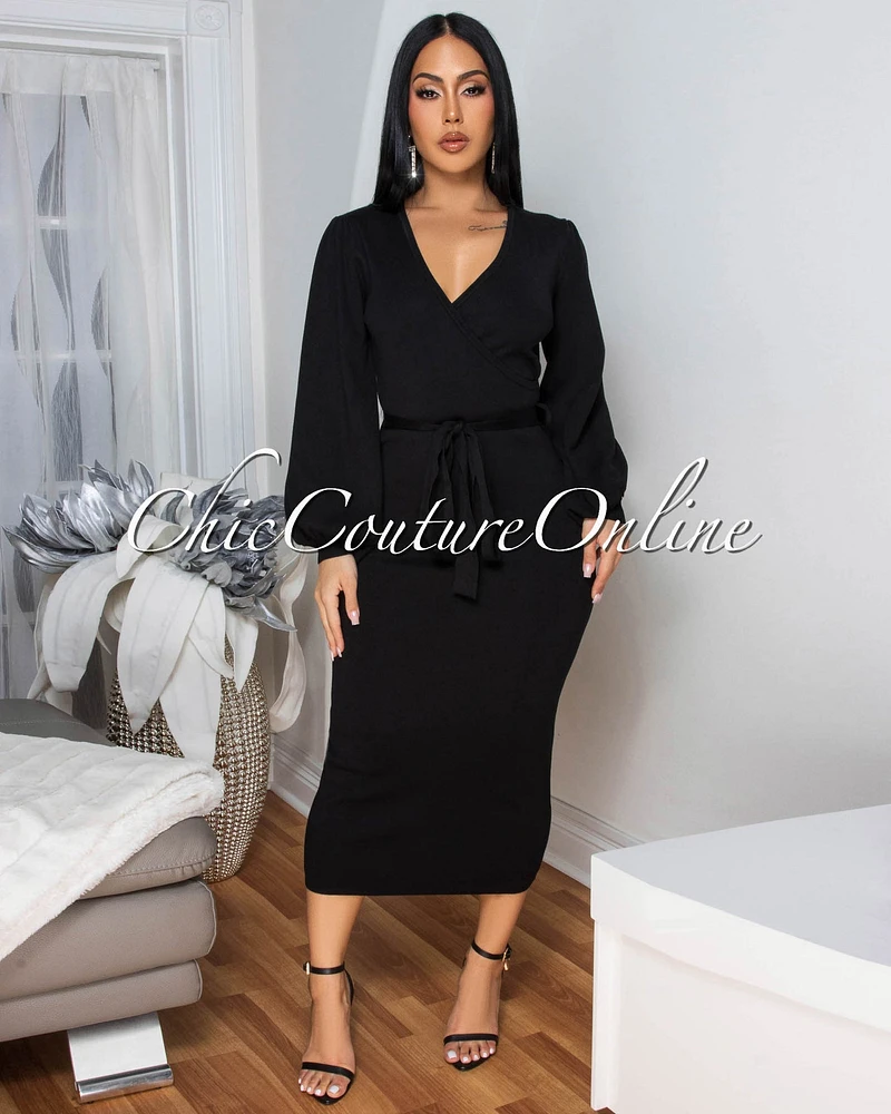 Cider Black Faux Wrap Knit Midi Dress