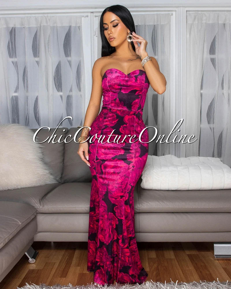 Darling Fuchsia Floral Print Strapless Maxi Dress