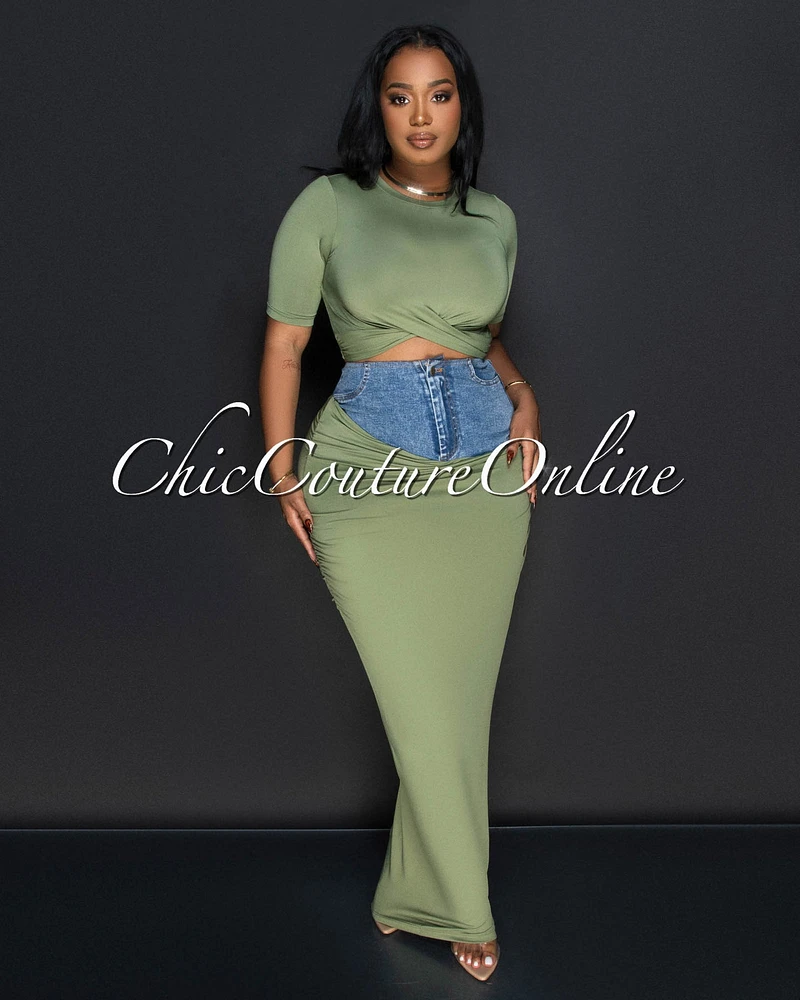 Parish Olive Green Blue Denim Crop Top & Maxi Skirt Set