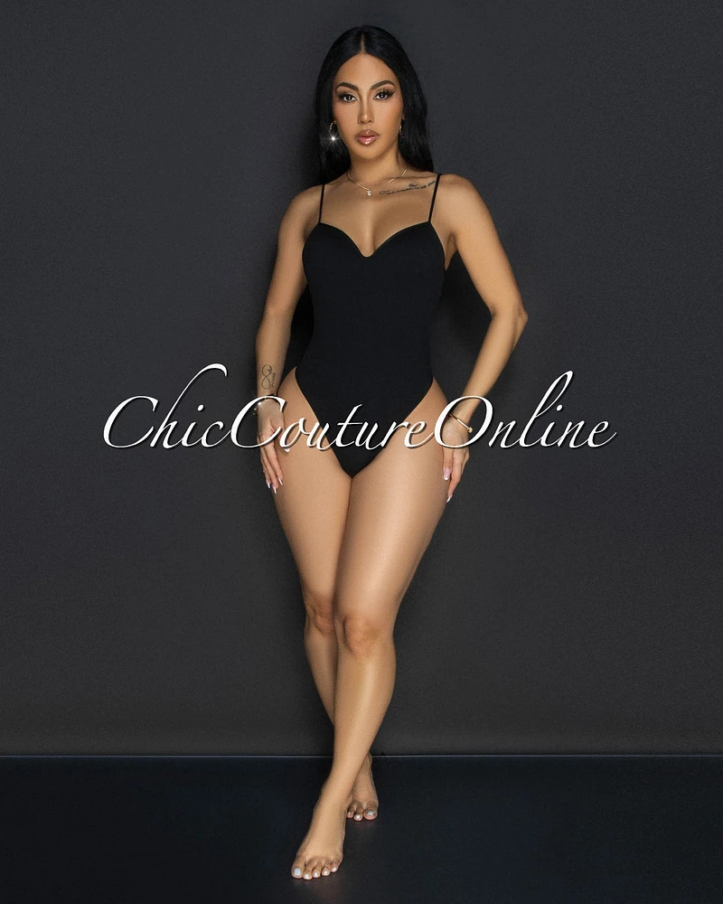 Toniya Black Ribbed Body-Con Bodysuit