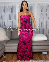 Darling Fuchsia Floral Print Strapless Maxi Dress