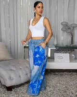 Tamsin Denim Print Blue Floral Print Linen Pants