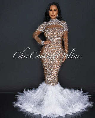 Dianne Mesh Rhinestones Feathers Statement Hem Gown