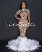 Dianne Brown Mesh Rhinestones White Feathers Statement Hem Gown