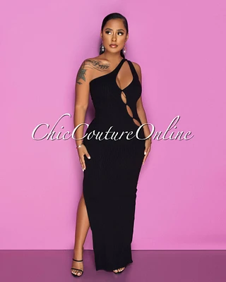 *Saskia Black Bust Key-Holes Ribbed Maxi Dress