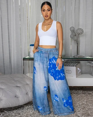 Tamsin Denim Print Blue Floral Print Linen Pants