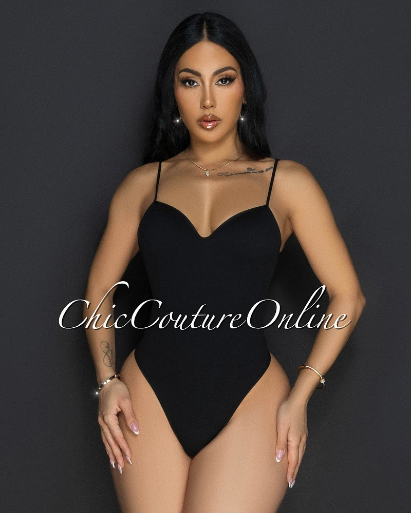 Toniya Black Ribbed Body-Con Bodysuit