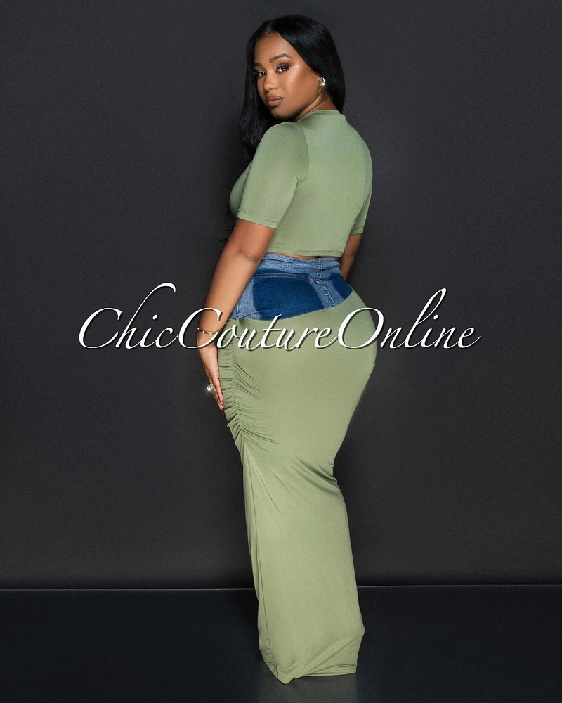 Parish Olive Green Blue Denim Crop Top & Maxi Skirt Set