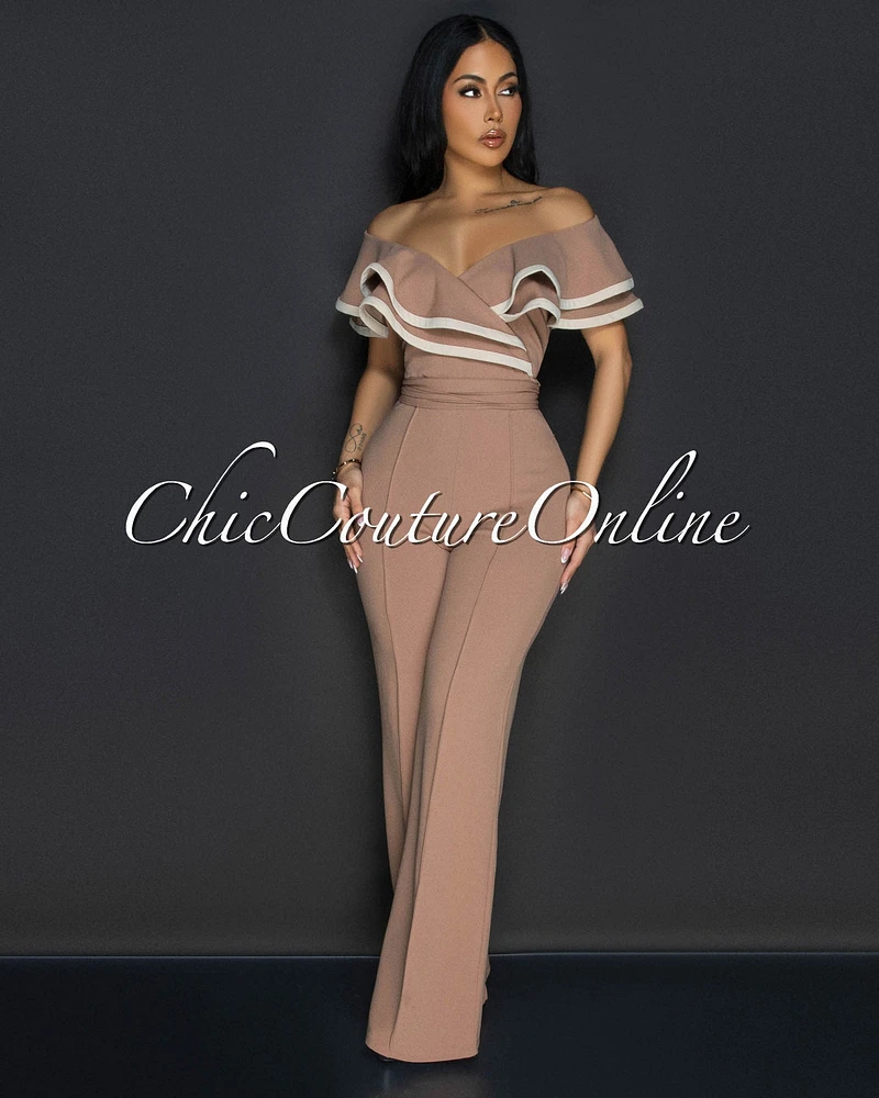 Mara Nude Beige Trim Ruffle Bust Jumpsuit