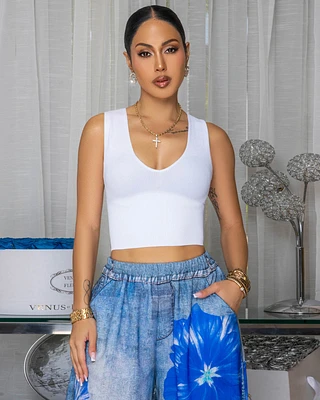 Bolton White V-Neck Ribbed Crop Top
