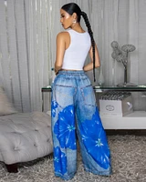 Tamsin Denim Print Blue Floral Print Linen Pants