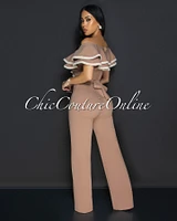 Mara Nude Beige Trim Ruffle Bust Jumpsuit