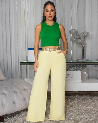 Venus Light Yellow Belted Straight Legs Pants