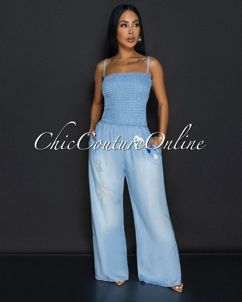 Bayna Light Denim Glitter Design Smocked Top Widelegs Jumpsuit