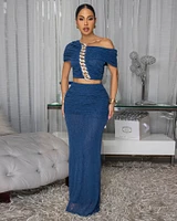 Lawrence Midnight Blue Mesh Ruched Top & Skirt Set