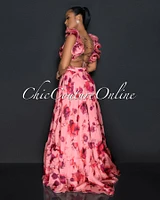 Anderson Salmon Floral Print Drape Ruffle Maxi Dress