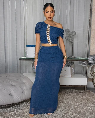 Lawrence Midnight Blue Mesh Ruched Top & Skirt Set