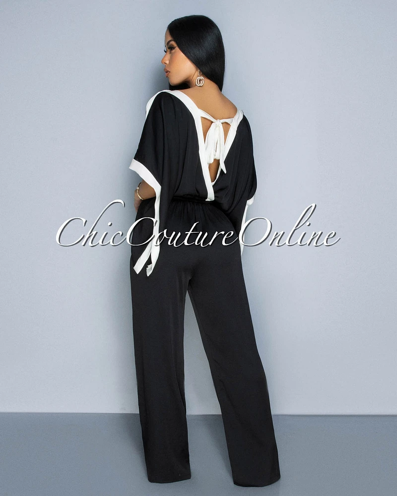 Vedette Black Off-White Wide Sleeves & Legs Jumpsuit