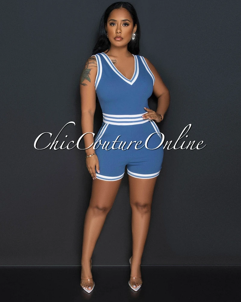 German Blue White Trim Romper w Bomber Jacket Set