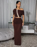 Lawrence Chocolate Brown Mesh Ruched Top & Skirt Set