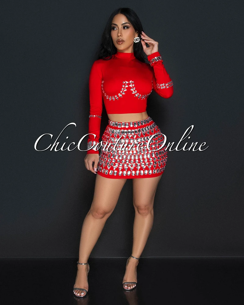 Birka Red Rhinestones Crop Top & Mini Skirt Set