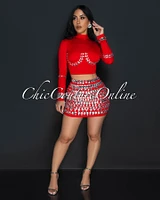 Birka Red Rhinestones Crop Top & Mini Skirt Set