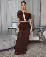 Lawrence Chocolate Brown Mesh Ruched Top & Skirt Set