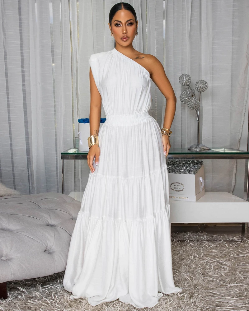 Belkys Off-White Single Shoulder Tiered Maxi Dress