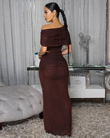 Lawrence Chocolate Brown Mesh Ruched Top & Skirt Set